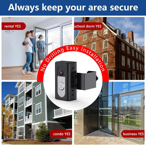No-Brainer Anti-Theft Video Doorbell Mount for Ring and Blink, adjustable bracket in various residential and business settings