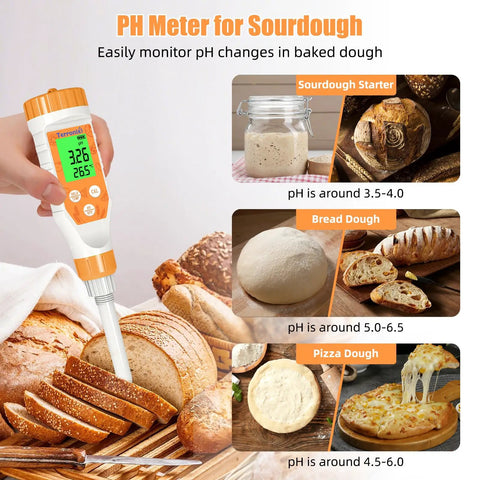 Person using Pro Grade Food pH Meter Digital Tester For Fermentation And Canning With Spear Probe on various dough types.
