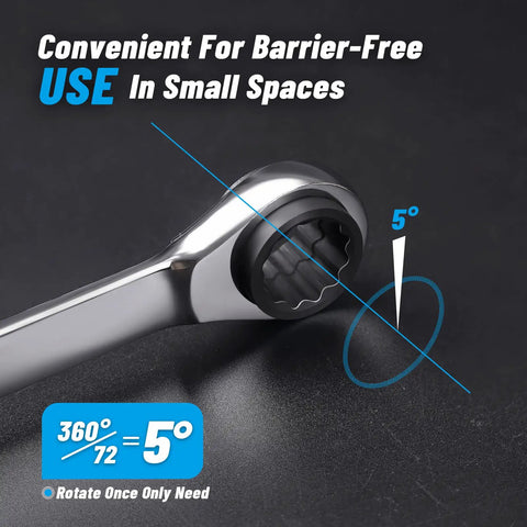 Close-up of 4 In 1 Reversible Ratchet Wrench Set 8 To 19 mm With 72 Tooth Precision Gear in CRV Steel, showing 5-degree rotation.