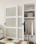 Frosted Glass Sliding Closet Door Kit With Hardware, 72 By 80 Inches, Double Barn Doors, Three Panel Tempered Glass, White Finish