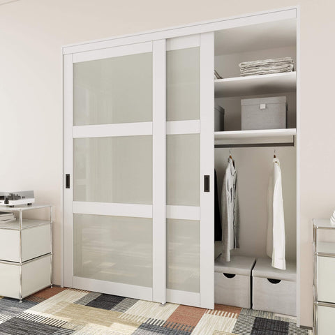 Frosted Glass Sliding Closet Door Kit With Hardware, 72 By 80 Inches, Double Barn Doors, Three Panel Tempered Glass, White Finish