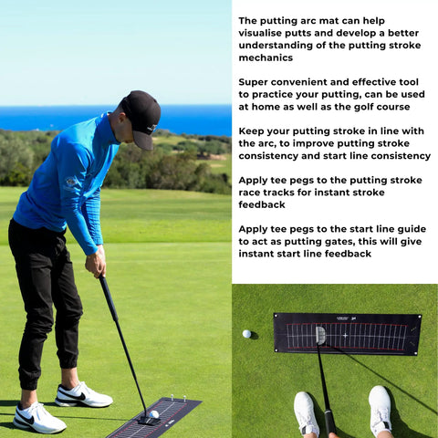 Golfer using Putting Arc Golf Training Aid For A Perfect Stroke Adjustable Arc Practice Mat on green course with alignment tool