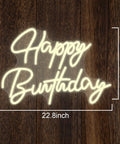 Happy Birthday neon sign on wood background, size 22.8x15.7 inches, USB powered, warm white glow for parties and decor