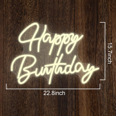 Happy Birthday neon sign on wood background, size 22.8x15.7 inches, USB powered, warm white glow for parties and decor