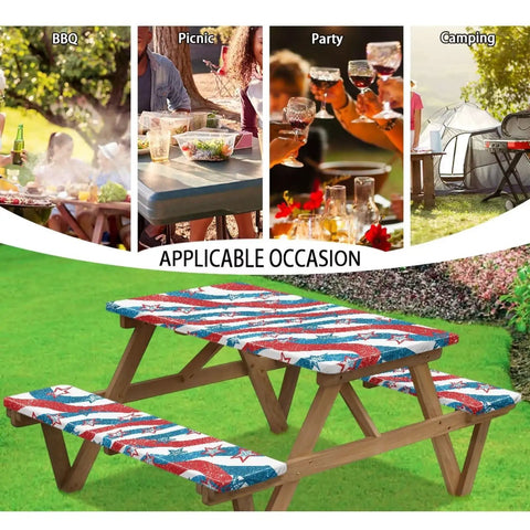 US 250 Years Picnic Table Cover With Bench Covers Waterproof, shown in BBQ, picnic, party, and camping settings