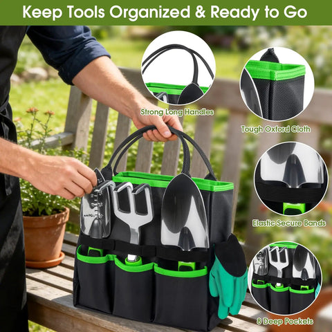 Person holding 10 Piece Garden Tool Set With Heavy Duty Storage Tote Workhorse Includes Pruner Trowel Transplanter Hand Rake Weeder Cultivator Repot Mat Gloves Plant Tags And Carrying Case Rust Resistant Tools With Non Slip Ergonomic Handles For Women And Men Green on a bench.