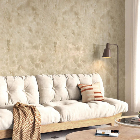 Glossy Beige Marble Contact Paper 24x394 Inches Self Adhesive Peel And Stick Vinyl on living room wall behind white sofa