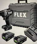Pro Grade 24 Volt Cordless Drill Driver Featuring Brushless Motor And Keyless Chuck Comes Loaded With Two 2.0 Ah Stacked Lithium Batteries And Fast Charger in gray carrying case.