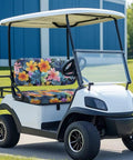 Tropical Flower Golf Cart Seat Cover Set Front And Rear With Breathable Fabric And Split Backrest Full Coverage Front Seat And Rear Seat Covers For Yamaha And Club Car Comfortable Durable Golf Car Accessories on white cart.