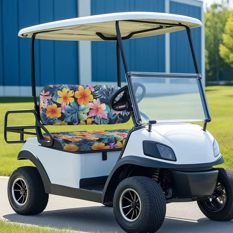 Tropical Flower Golf Cart Seat Cover Set Front And Rear With Breathable Fabric And Split Backrest Full Coverage Front Seat And Rear Seat Covers For Yamaha And Club Car Comfortable Durable Golf Car Accessories on white cart.