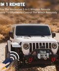 Rugged Electric Steel Cable Winch With 5.7HP High Power Motor For Heavy Duty Towing And 18800lbs Capacity featuring remote control.