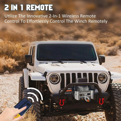 Rugged Electric Steel Cable Winch With 5.7HP High Power Motor For Heavy Duty Towing And 18800lbs Capacity featuring remote control.