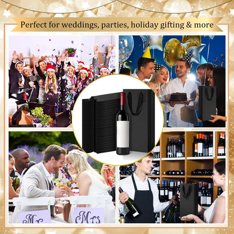 100 Pack Durable Black Paper Wine Carry Bags For Two Bottles Premium Gift Carriers With Free Labels in festive settings.