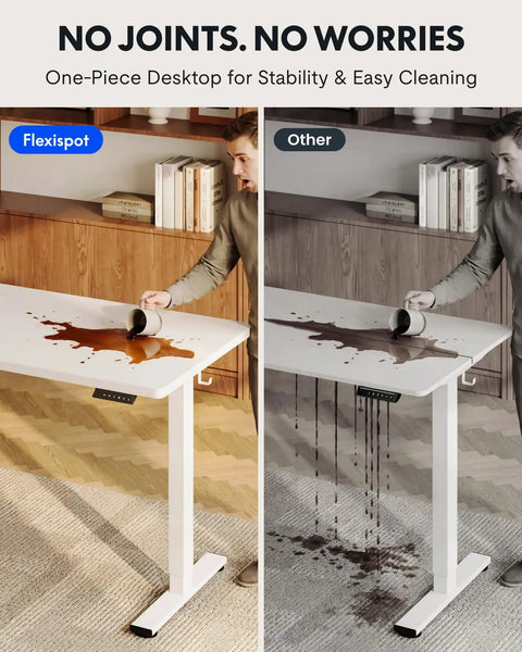 Comparison of Flexispot One Piece Standing Desk 48 By 24 Inch Seamless Desktop With Electric Height Adjustment against competitor, showing spill resistance.