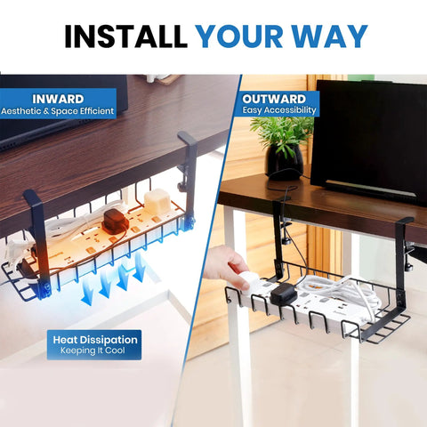 16 Inch Under Desk Cable Management Tray No Drill Cord Organizer With Secure Clamps installed inward and outward under desk