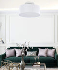 Living room with Cool Modern Stripe Fabric Pendant Light Shade 15 Inch Drum Ceiling Fixture Flush Mount With Chrome Matte Finish