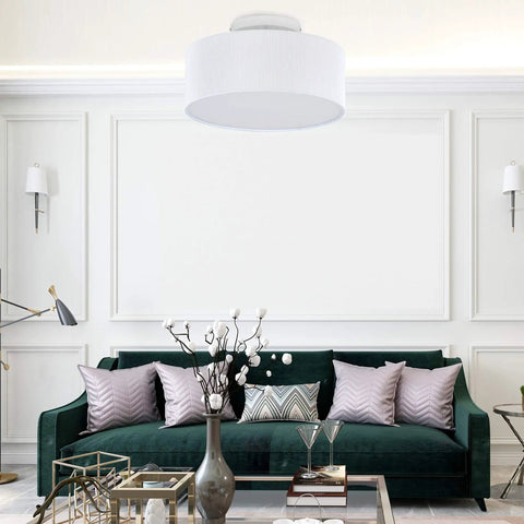 Living room with Cool Modern Stripe Fabric Pendant Light Shade 15 Inch Drum Ceiling Fixture Flush Mount With Chrome Matte Finish