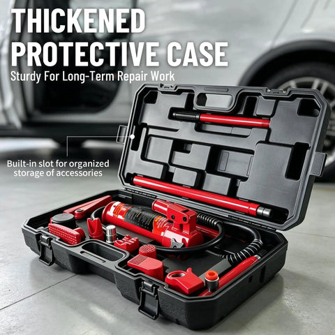 Heavy Duty 6 Ton Hydraulic Ram Jack And Pump Kit For Auto Body Repair and Frame Straightening with ergonomic handle in protective case.