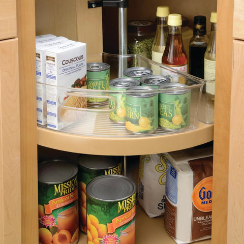 Clear Plastic Quarter Wedge Bin Fits Tight In Corner Cabinets Boosts Space with jars and cans in organized pantry.