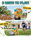 Hootie the Construction Truck Bubble Lawn Mower For Kids Ages 3 To 6 With Flashing Lights Automatic Bubbles Blower Toy shown in push-along and carry-along modes with bubbles.