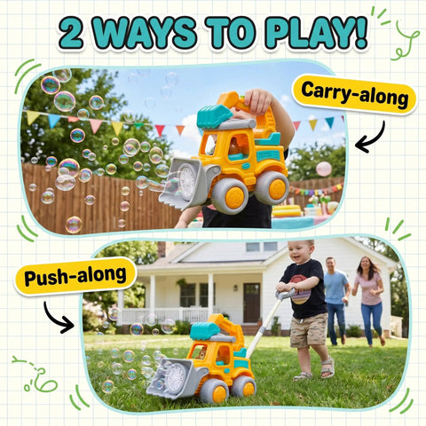 Hootie the Construction Truck Bubble Lawn Mower For Kids Ages 3 To 6 With Flashing Lights Automatic Bubbles Blower Toy shown in push-along and carry-along modes with bubbles.