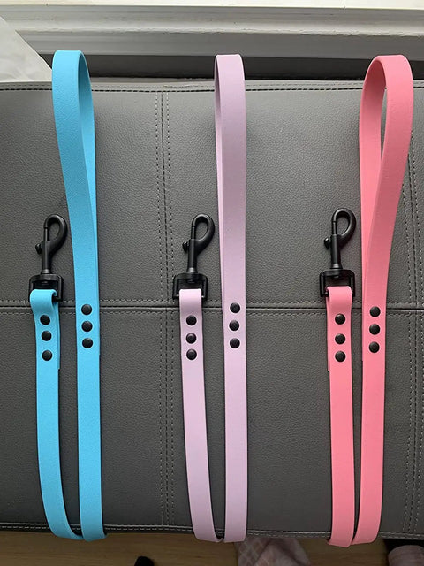 Top Tier Hella Sturdy Black Swivel Eye Bolt Snap Hooks And Heavy Duty Dog Leash Clips With Rust Resistant Zinc Alloy Build For Secure Pet Walking Gear Four Pack featuring colorful leashes in blue, pink, and purple.