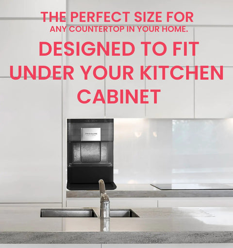Compact Countertop Nugget Ice Maker Making 44 Pounds Daily In Just Ten Minutes featuring black design fitting under kitchen cabinet.