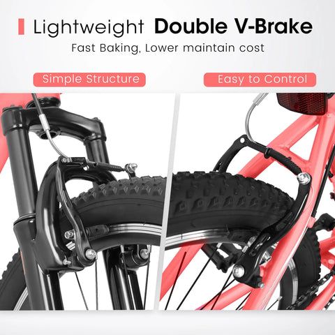 Close-up of lightweight double V-brake system on the 24 Inch Female Mountain Bike for urban trails and daily commuting.