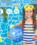 Girl holding Hawaiian Leaves 12 Pack Inflatable Beach Balls 7.87 Inch with tropical design for pool and beach games.