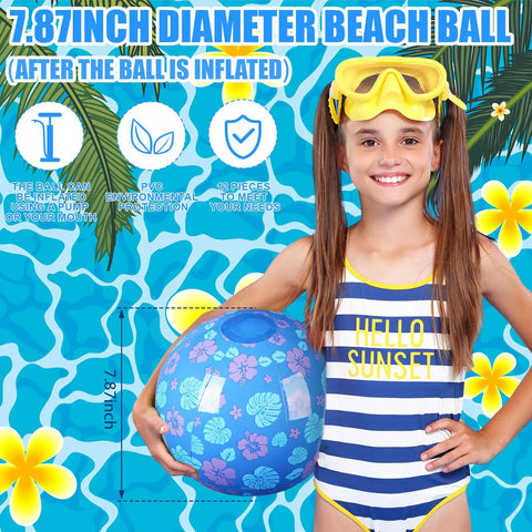 Girl holding Hawaiian Leaves 12 Pack Inflatable Beach Balls 7.87 Inch with tropical design for pool and beach games.