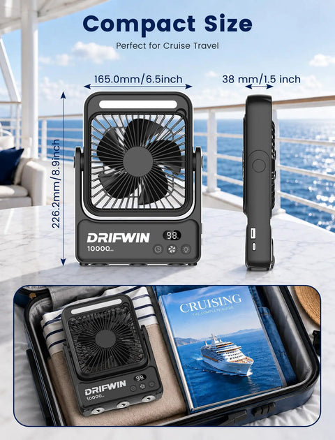 Compact Cruise Certified Portable Fan With Night Light 10000mAh Ultra Slim Travel Fan 4 Speed Modes for travel essentials 2026.