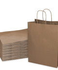 Stack and single Brown Kraft Paper Bags With Handles 10x5x13 Inches 500 Pack Durable Reusable Eco Friendly Shopping Gift Bags For Party