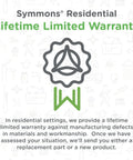 Symmons Residential Lifetime Limited Warranty information with warranty symbol and text explaining replacement policy.