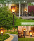 Solar Torch Lights With Realistic Flickering Flame 96 LEDs 43 Inch Outdoor Waterproof Landscape Lights installed in garden
