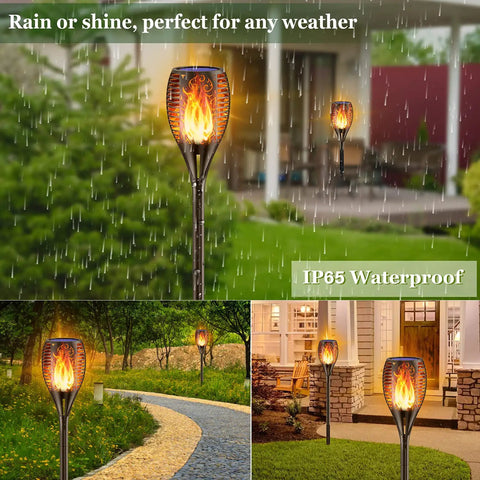 Solar Torch Lights With Realistic Flickering Flame 96 LEDs 43 Inch Outdoor Waterproof Landscape Lights installed in garden