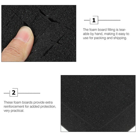 Close-up of black foam liner packing inserts for protection and impact resistance, multi use foam inserts for shipping and packaging.