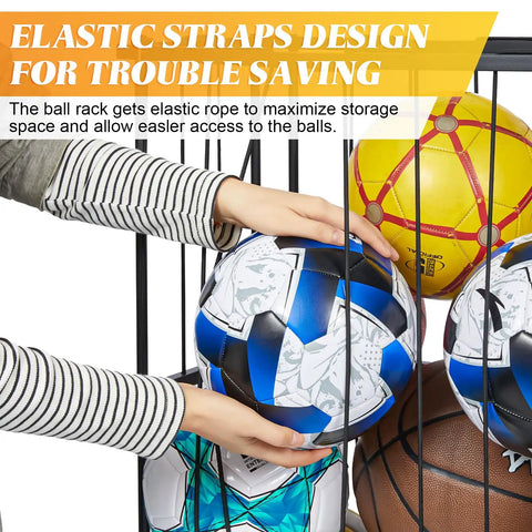 Heavy Duty Garage Ball Storage Rack With No Fuss Elastic Strap Wall Mount Or Floor Stand Option For Basketball Soccer Football Volleyball Gear In Matte Black