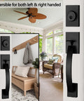 Black Exterior Handleset With Keyed Entry And Dummy Handle Set For Front, Back And Side Doors, reversible view.