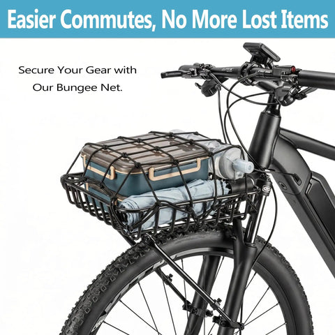 Front Bike Basket Rack With Adjustable Struts, Heavy Duty Aluminum Front Rack For 26 To 29 Inch Bikes with cargo net