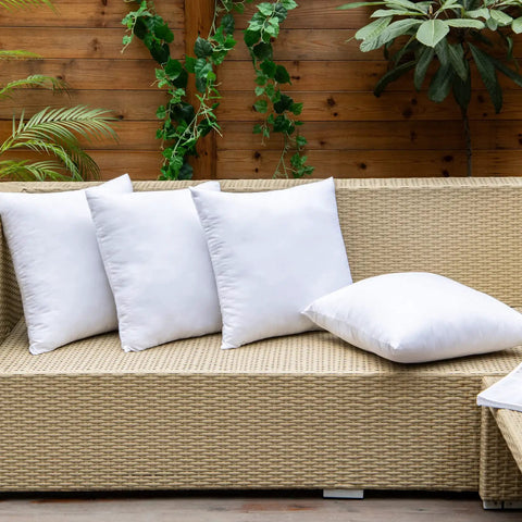 Pack Of 4 Outdoor Pillow Inserts Waterproof 18x18 Inch Square Cushions For Patio Garden Bed Sofa Couch Cozy Plush Inner Fill No Covers Included Great For Patio Or Garden Decor Weatherproof All Season Comfort on beige rattan sofa