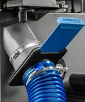 Close-up of 4 Inch To 4 Inch Tool Blast Gate Self Cleaning Power Tool Dust Collection Accessory with flexible tool port attached.