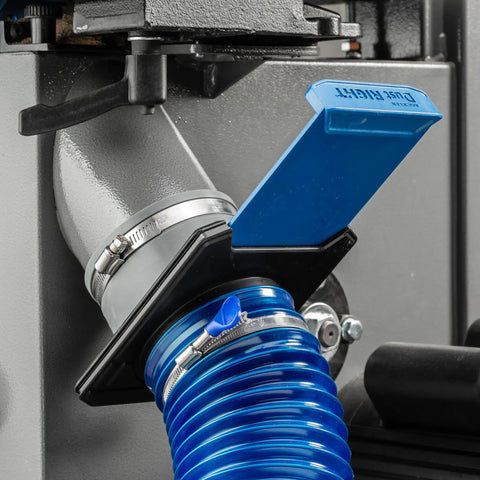 Close-up of 4 Inch To 4 Inch Tool Blast Gate Self Cleaning Power Tool Dust Collection Accessory with flexible tool port attached.