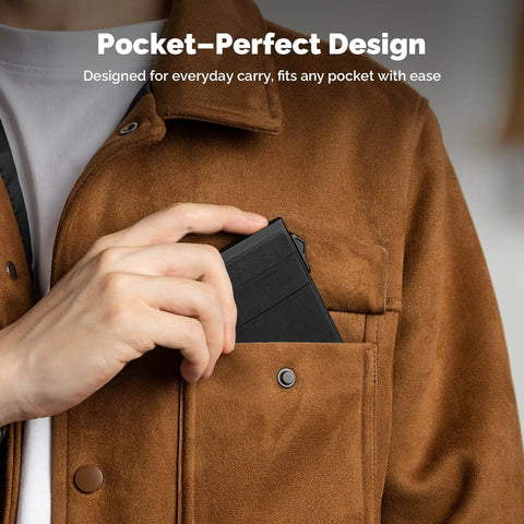 Person placing Go To Slim Pop Up Card Holder Wallet For Men With RFID Blocking in jacket pocket, showing compact black design.