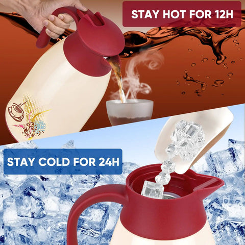 40.5 Oz Thermal Coffee Carafe With Glass Lined Vacuum Insulation that keeps coffee and tea hot or cold for hours, shown with steam and ice.