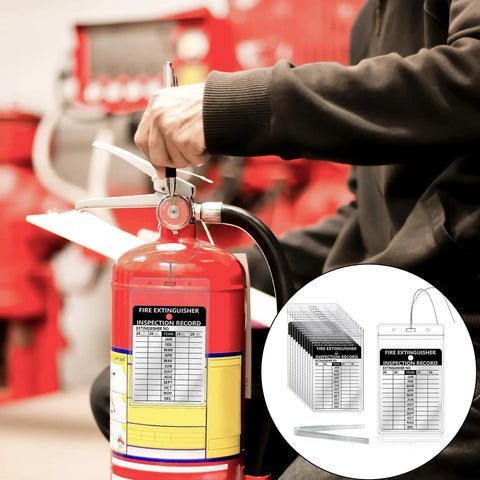 Person inspecting fire extinguisher with 25 Pack Fire Extinguisher Inspection Tags With Waterproof Plastic Covers, Durable Aluminum Metal Tags, Resealable Iron Wire Tamper Seals, Indoor Outdoor Service Record Tags For Easy Fire Safety Compliance.