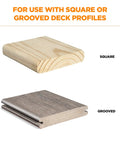 Edge Deck Screws For Hidden Fastening One And Seven Eighths Inch ProTech Coated 1750 Count Built For Pressure Treated Lumber Hardwood Cedar And Composite Decks Angled Installations shown with square and grooved deck profiles.