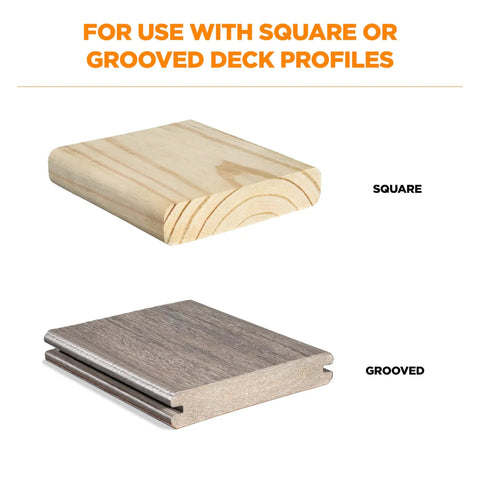 Edge Deck Screws For Hidden Fastening One And Seven Eighths Inch ProTech Coated 1750 Count Built For Pressure Treated Lumber Hardwood Cedar And Composite Decks Angled Installations shown with square and grooved deck profiles.