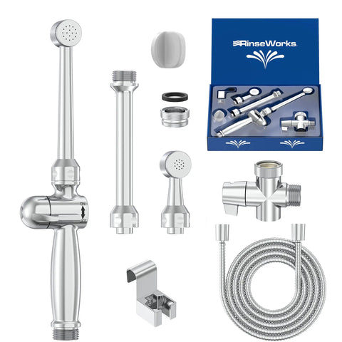 Aquaus 360 Faucet Bidet With Brass Sprayer And Warm Water, hose, attachments, dual thumb controls, extended spray reach, package contents