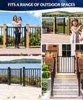 Collage of deck and patio gates with self-closing gate hinges and latch, showing secure installation for various outdoor spaces.