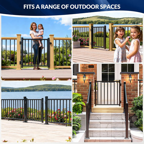 Collage of deck and patio gates with self-closing gate hinges and latch, showing secure installation for various outdoor spaces.